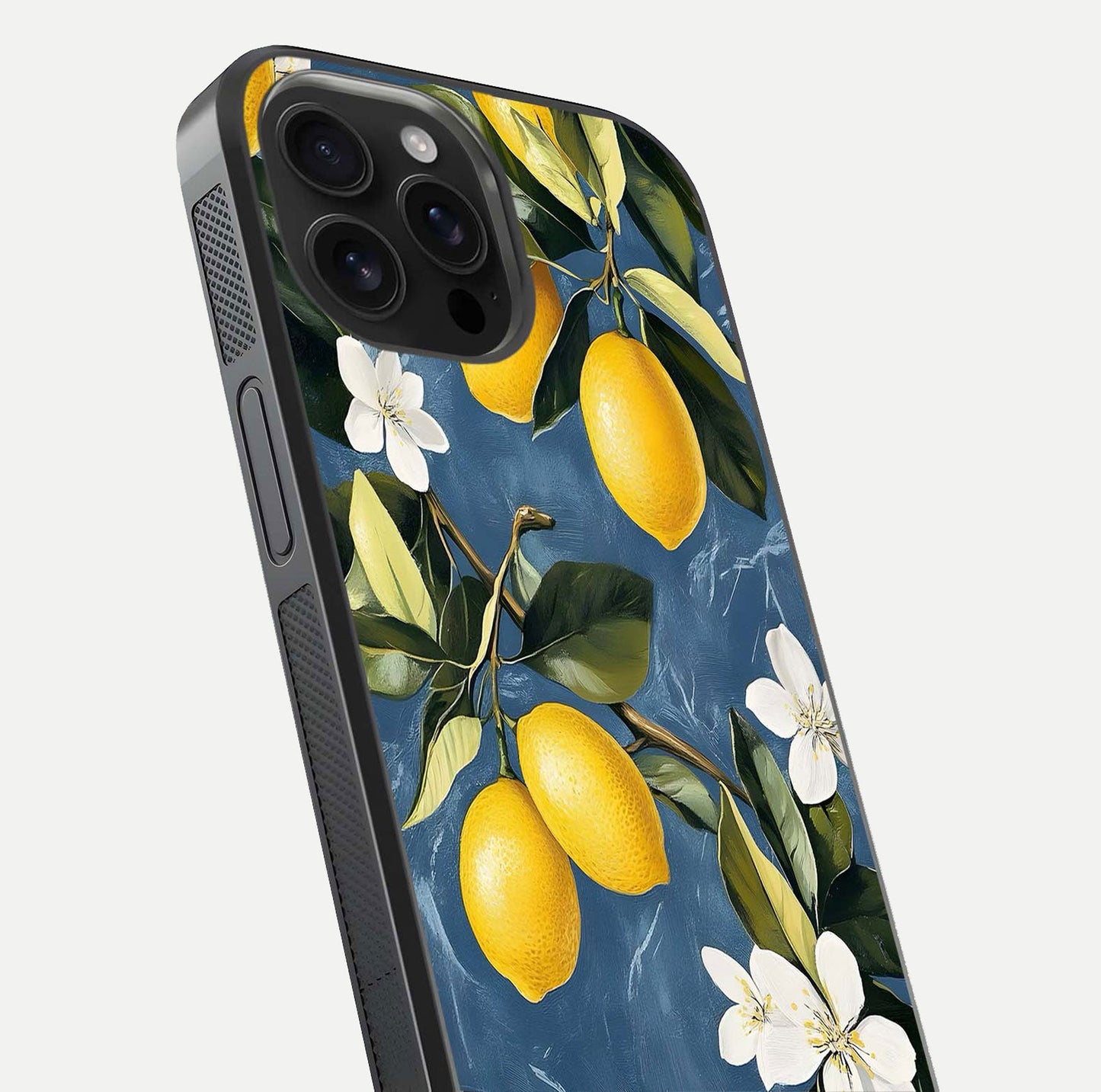 Lemon Dream Garden Glass Case for iPhone 16 Pro Max close-up angled shot showing fruit details and shine reflection