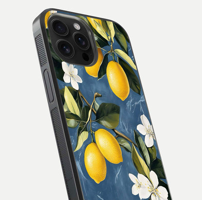 Lemon Dream Garden Glass Case for iPhone 16 Pro Max close-up angled shot showing fruit details and shine reflection