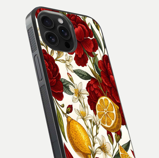 Lemon Rose Charm Glass Case for iPhone 16 Pro Max angled close-up showing vivid rose details and HD glass reflection