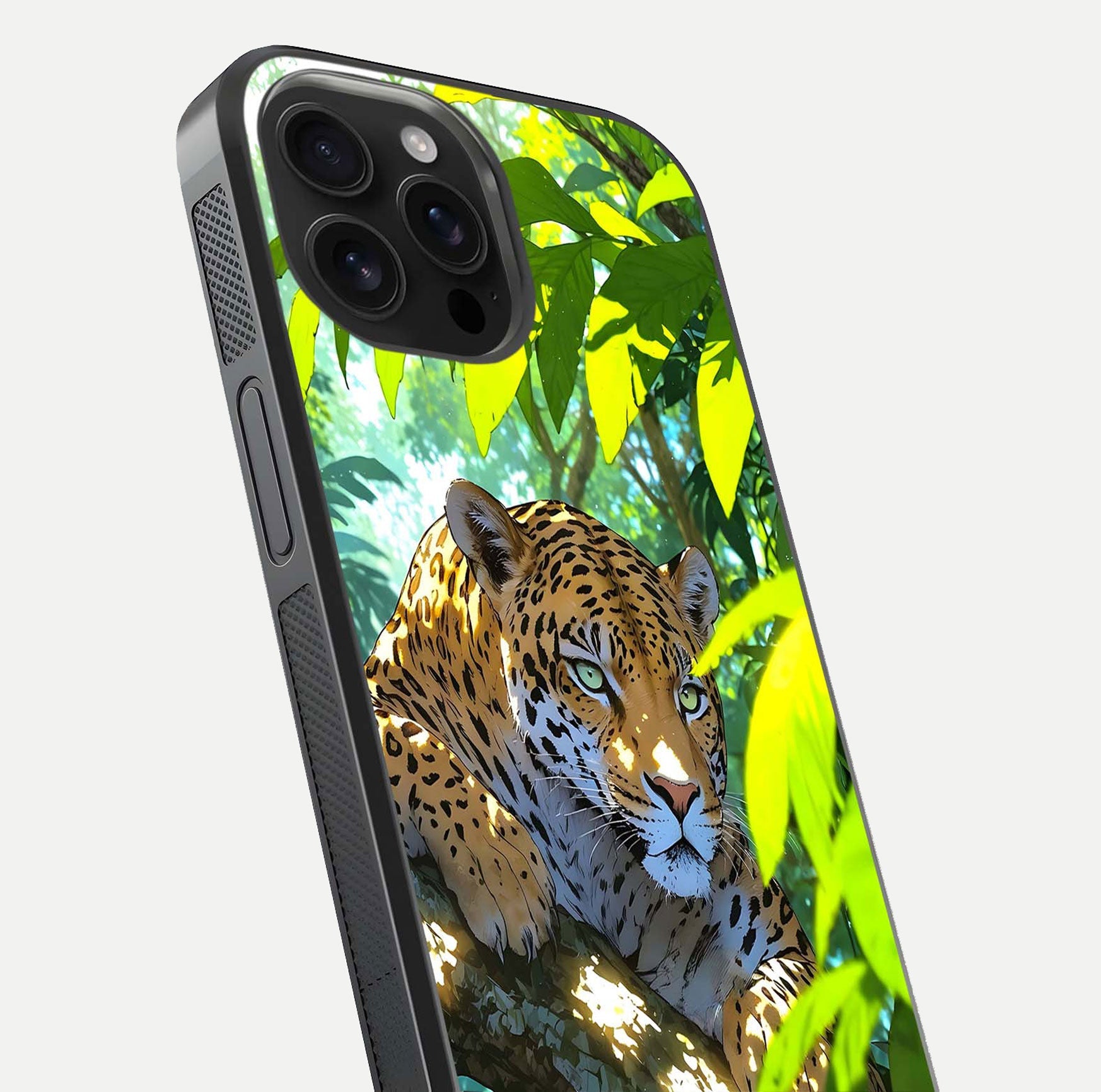 Leopard in Jungle Glass Case for iPhone 16 Pro Max angled close-up showing fur texture and glossy shine reflection