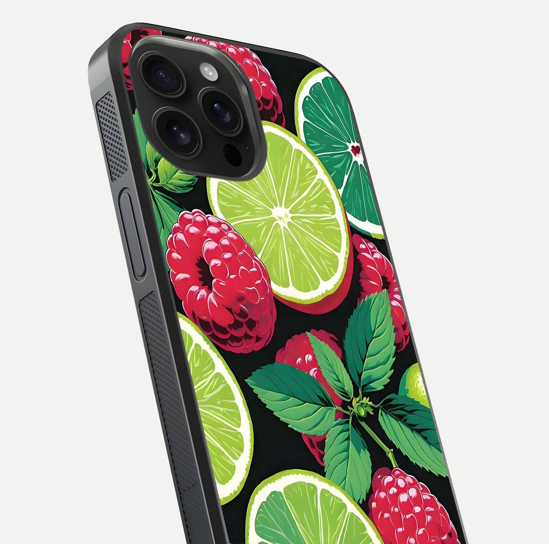 Lime and Raspberry Pattern Glass Case for iPhone 16 Pro Max angled close-up showing fruit texture and reflection glow