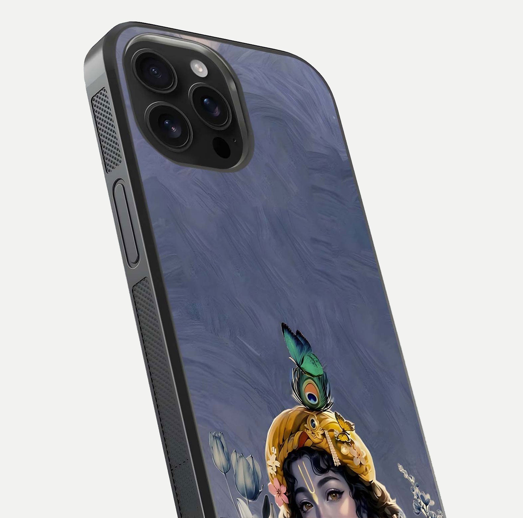 Lord Krishna Glass Case for iPhone 16 Pro Max angled close-up showing intricate flute and reflection details
