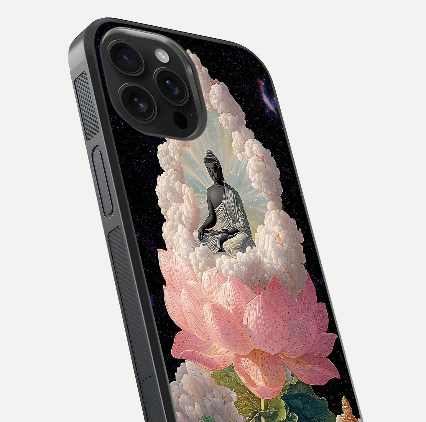 Lotus Divine Peace Glass Case for iPhone 16 Pro Max angled close-up showing delicate petals and gloss reflection