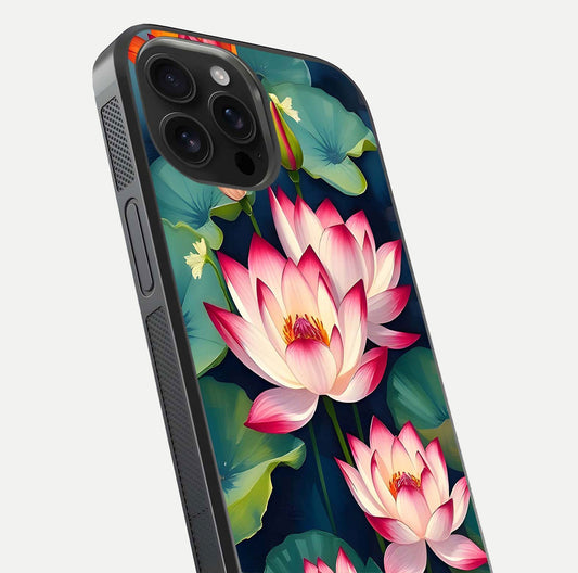 Lotus Dream Serenity Glass Case for iPhone 16 Pro Max close-up angled shot showing floral details and soft shine