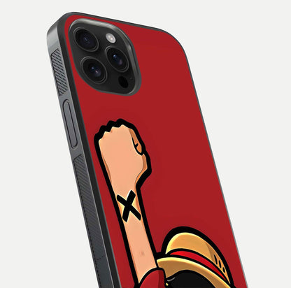 Luffy X Spirit Glass Case for iPhone 16 Pro Max close-up angled shot showing character detailing and gloss texture