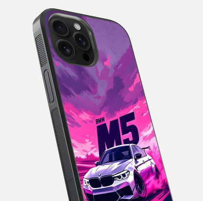 MS Neon Car Glass Case for iPhone 16 Pro Max close-up angled shot showing vivid neon reflections and shine