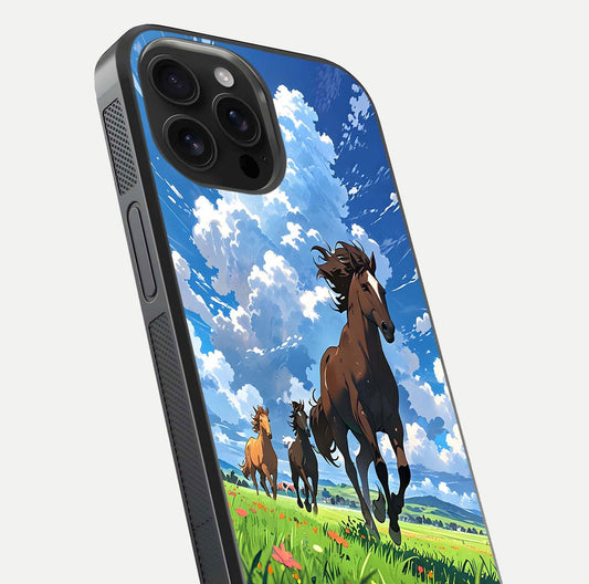 Majestic Horses Galloping Glass Case for iPhone 16 Pro Max close-up angled shot showing horse motion and reflection