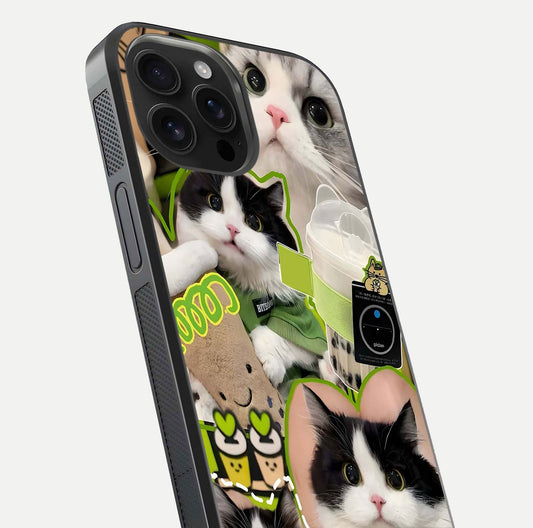 Matcha Cats Mood Glass Case for iPhone 16 Pro Max close-up angled shot showing adorable cat art and reflection detail