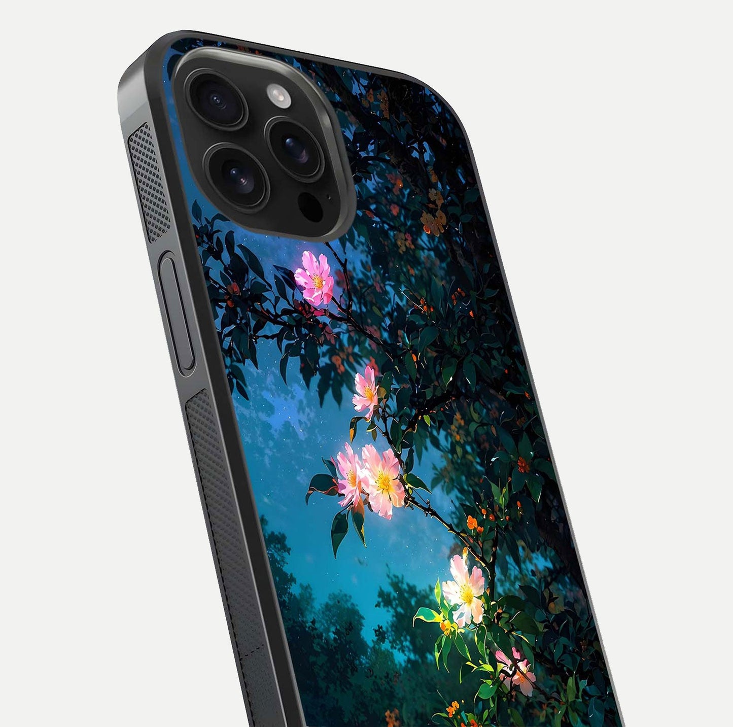 Midnight Bloom Glow Glass Case for iPhone 16 Pro Max close-up angled shot showing petal highlights and glow reflection
