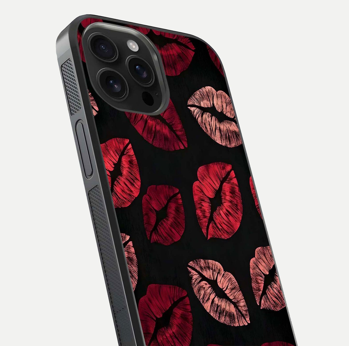 Midnight Kiss Love Glass Case for iPhone 16 Pro Max close-up angle highlighting red accents and reflection shine