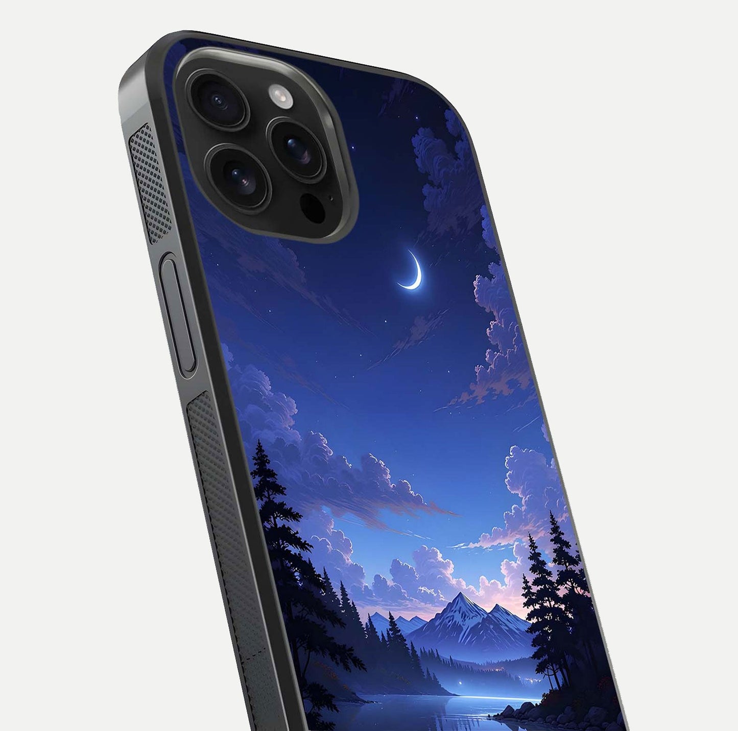 Midnight Lake Peace Glass Case for iPhone 16 Pro Max close-up angled shot showing blue night tones and reflection