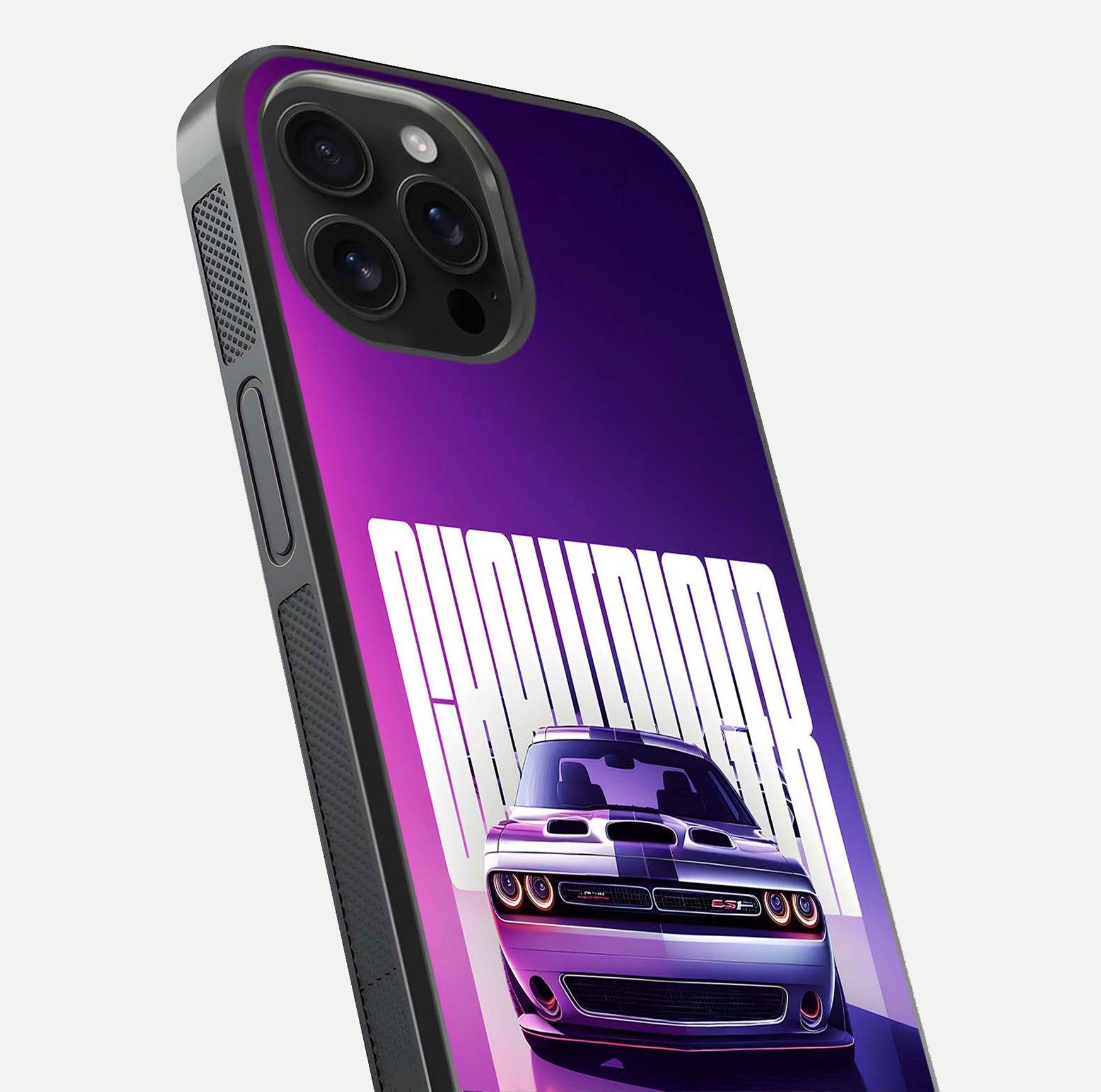 Midnight Muscle Ride Glass Case for iPhone 16 Pro Max close-up angled shot showing HD reflections and car details