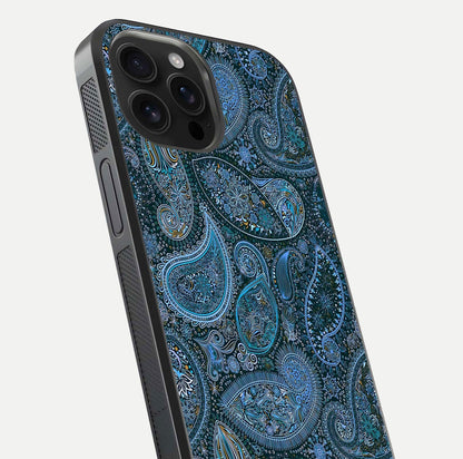 Midnight Paisley Glow Glass Case for iPhone 16 Pro Max close-up angled shot showing floral details and gloss texture