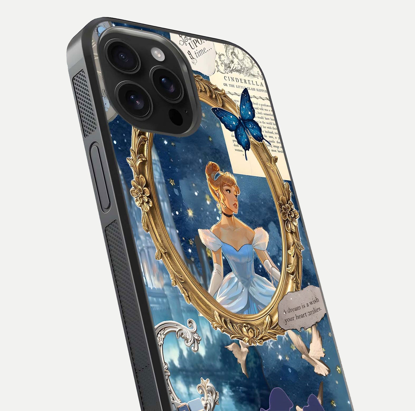 Midnight Queen Glass Case for iPhone 16 Pro Max close-up angled shot featuring crown motif and gloss reflection
