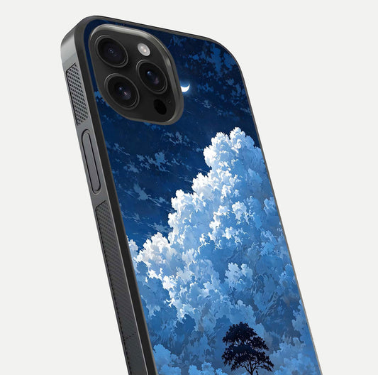 Midnight Sky Serenity Glass Case for iPhone 16 Pro Max close-up angled shot showing starlit tones and reflection