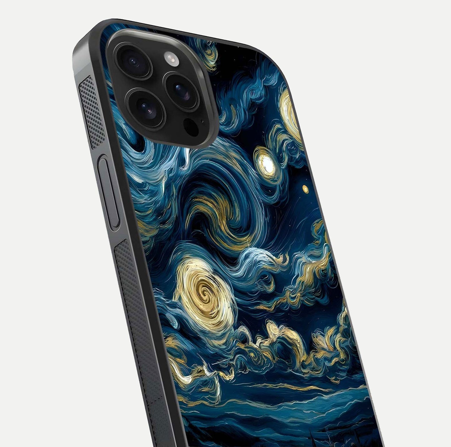 Midnight Sky Whirl Glass Case for iPhone 16 Pro Max close-up angle showing spiral design and HD gloss reflection