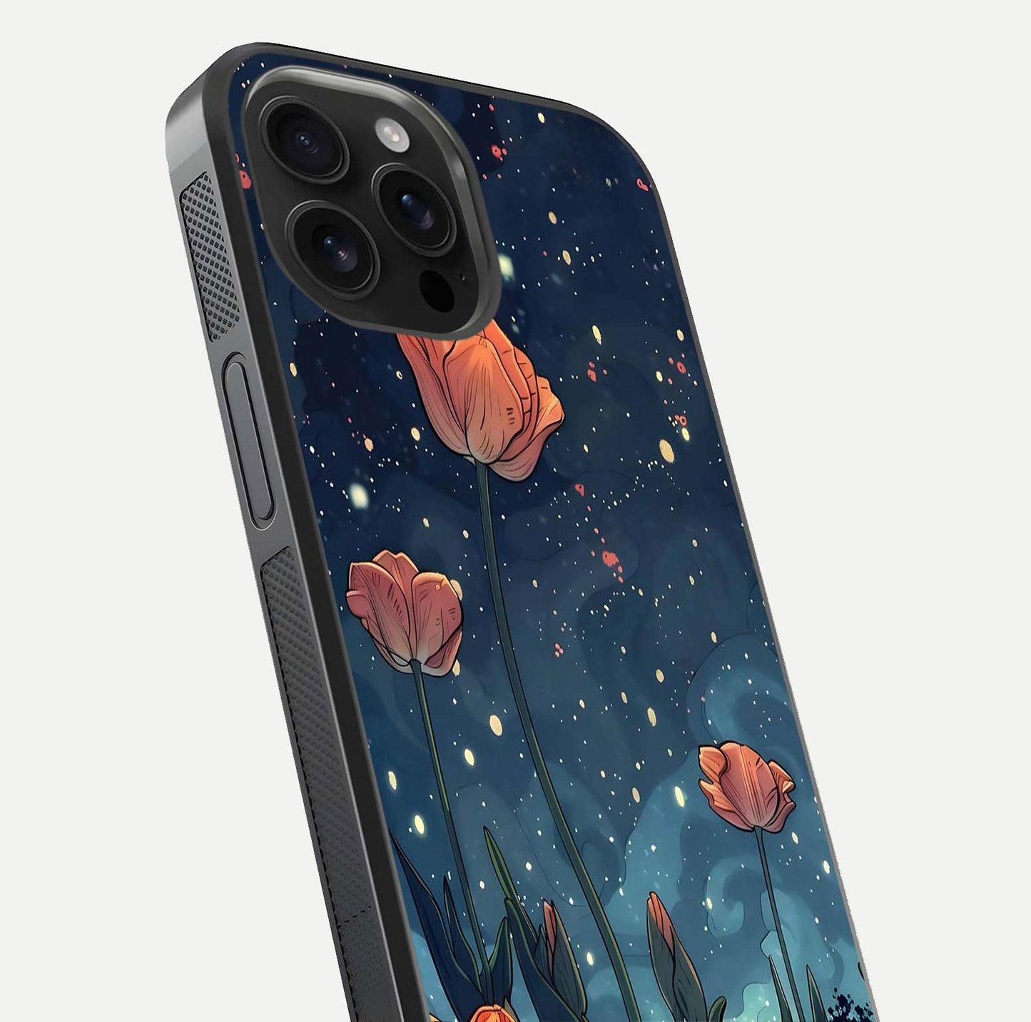 Midnight Tulip Glow Glass Case for iPhone 16 Pro Max close-up angled shot showing petal details and reflection glow