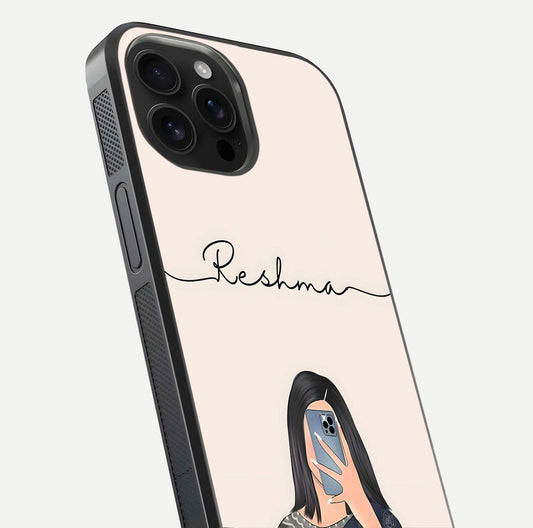 Mirror Mood Muse Custom Name Glass Case for iPhone 16 Pro Max close-up angled shot highlighting gloss and mirror depth