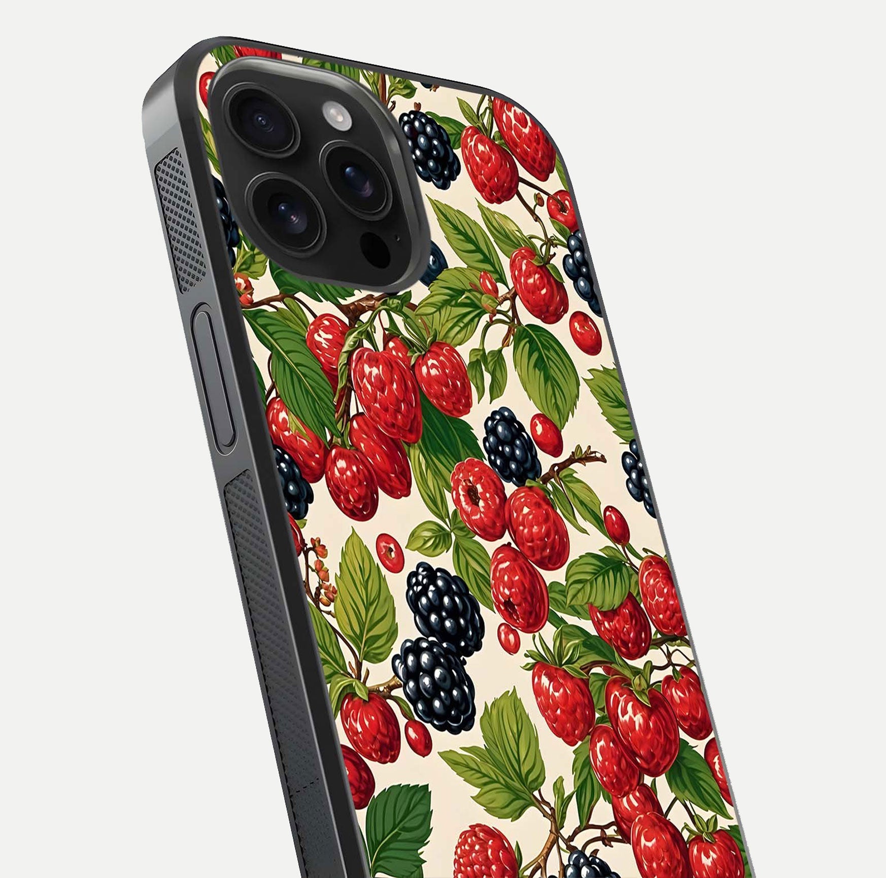 Mixed Berry Collage Glass Case for iPhone 16 Pro Max close-up angled shot showing fruit detail and reflection glow