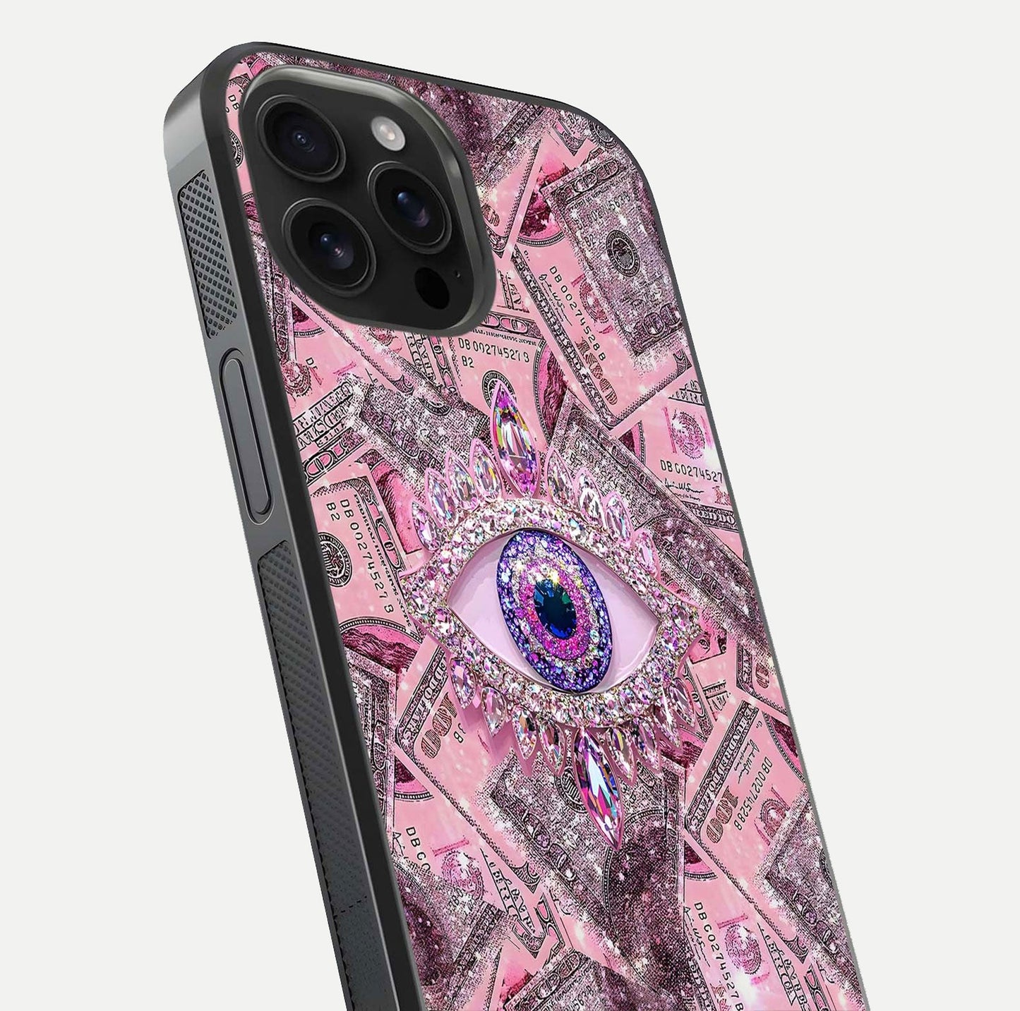 Money Eye Luxe Glass Case for iPhone 16 Pro Max close-up angled shot showing gold detailing and reflection shine