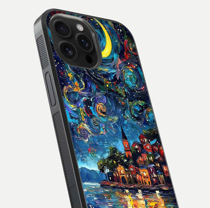 Moonlight Harbor Glow Glass Case for iPhone 16 Pro Max close-up angled shot showing reflection and moonlight glow