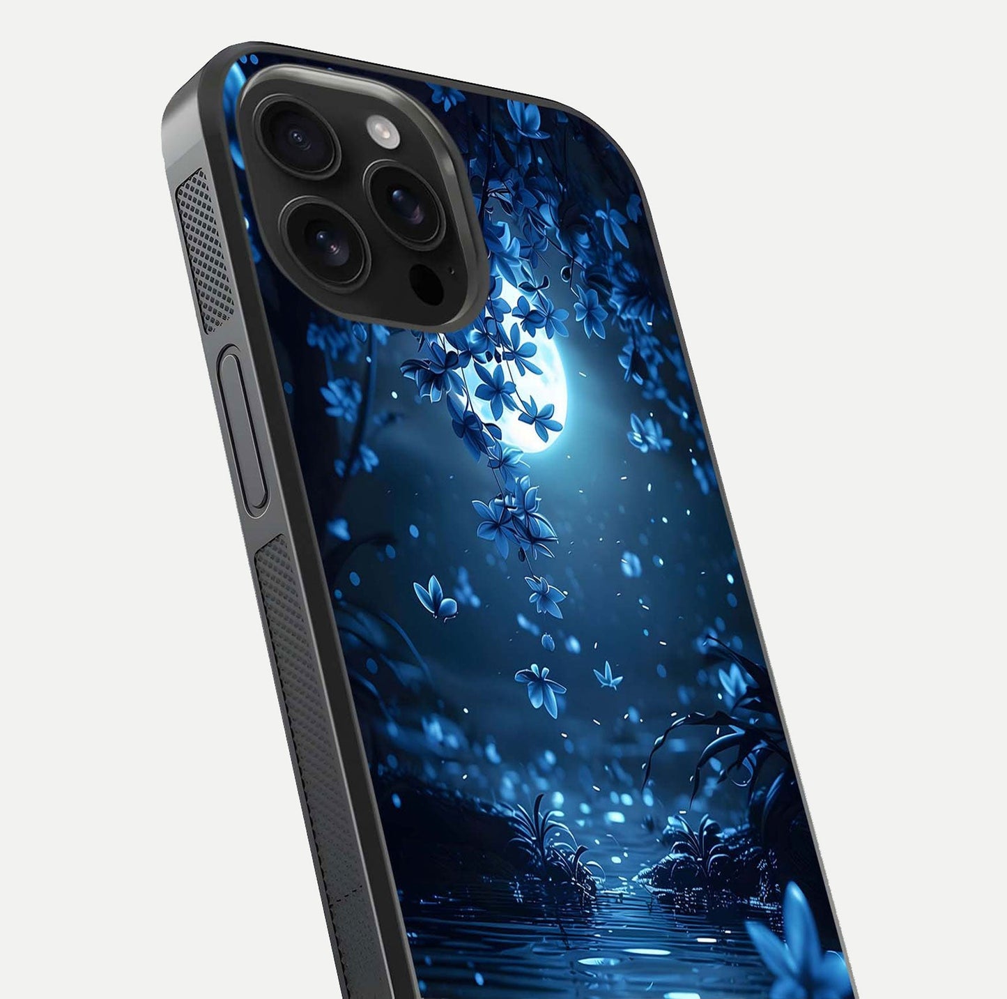 Moonlight Petal Dream Glass Case for iPhone 16 Pro Max close-up angled shot showing petal reflection and glow texture