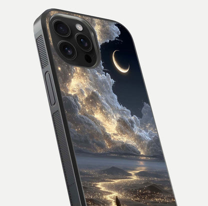 Moonlight Spark Path Glass Case for iPhone 16 Pro Max close-up angled shot showing glowing stars and reflection