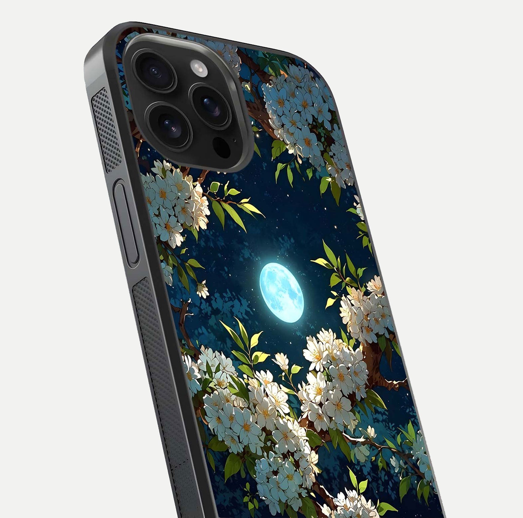 Moonlit Blossom Dream Glass Case for iPhone 16 Pro Max close-up angled shot showing glowing petals and reflection