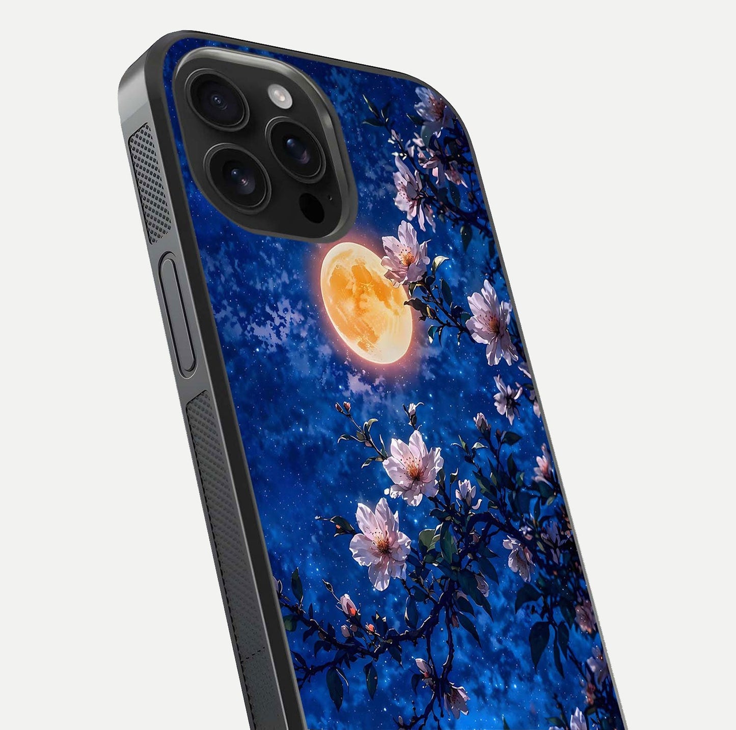 Moonlit Blossoms Night Glass Case for iPhone 16 Pro Max close-up angled shot showing petal glow and reflection detail