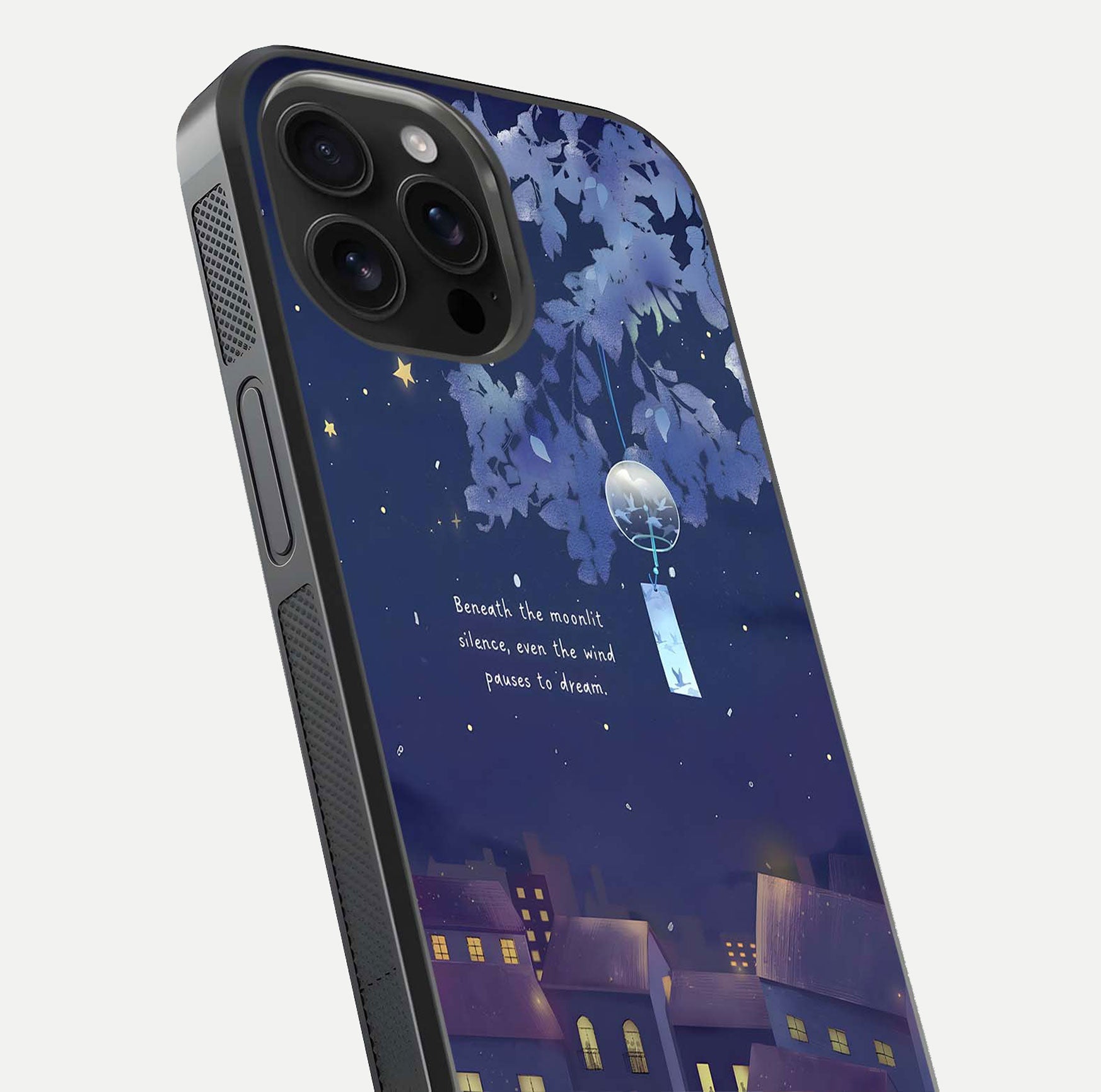 Moonlit Cat Silence Glass Case for iPhone 16 Pro Max close-up angled shot showing soft glow and reflection texture