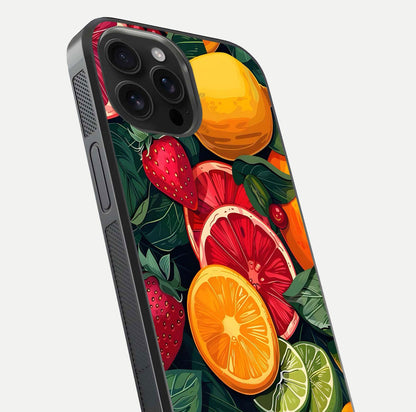 Multiple Fruits Glass Case for iPhone 16 Pro Max close-up angled shot showing fruit texture and HD gloss shine