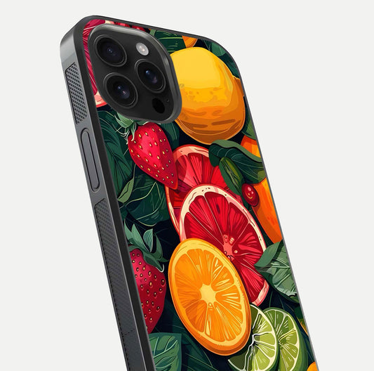 Multiple Fruits Glass Case for iPhone 16 Pro Max close-up angled shot showing fruit texture and HD gloss shine