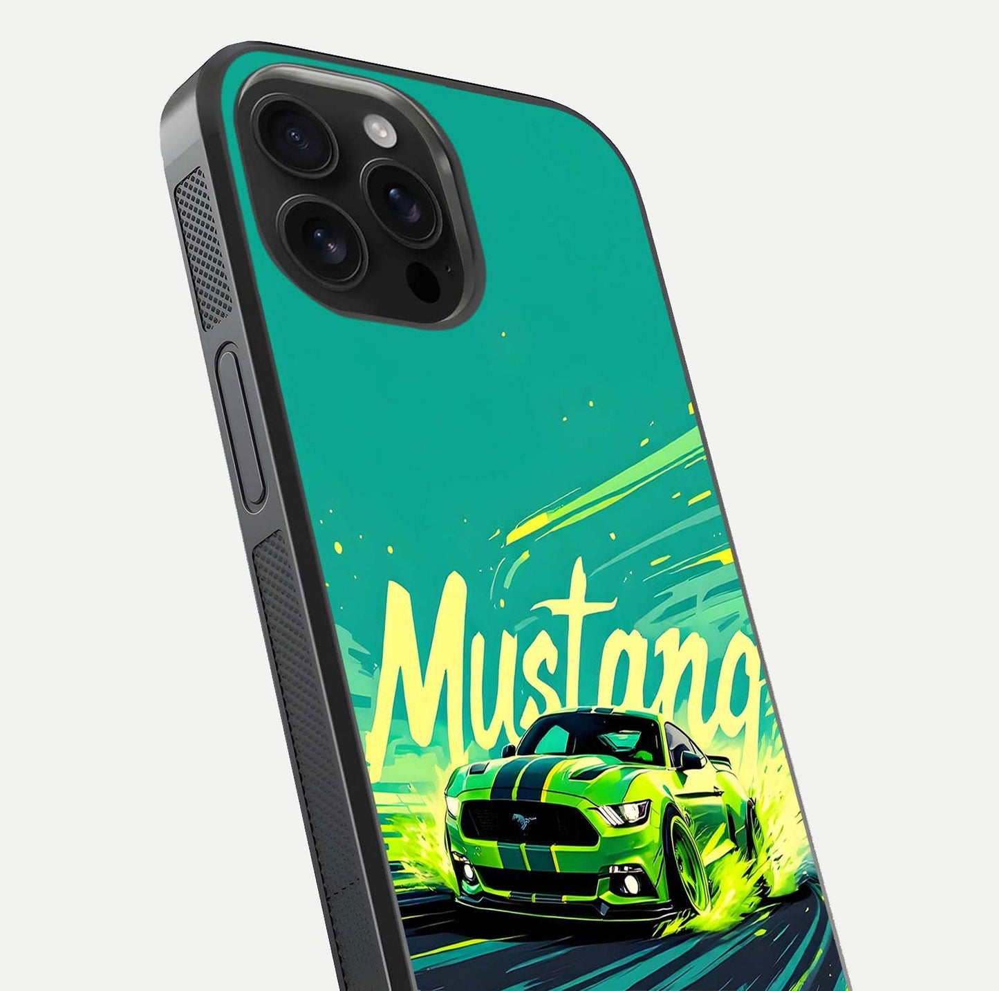 Mustang Bang Glass Case for iPhone 16 Pro Max close-up angled shot showing car emblem and HD reflection