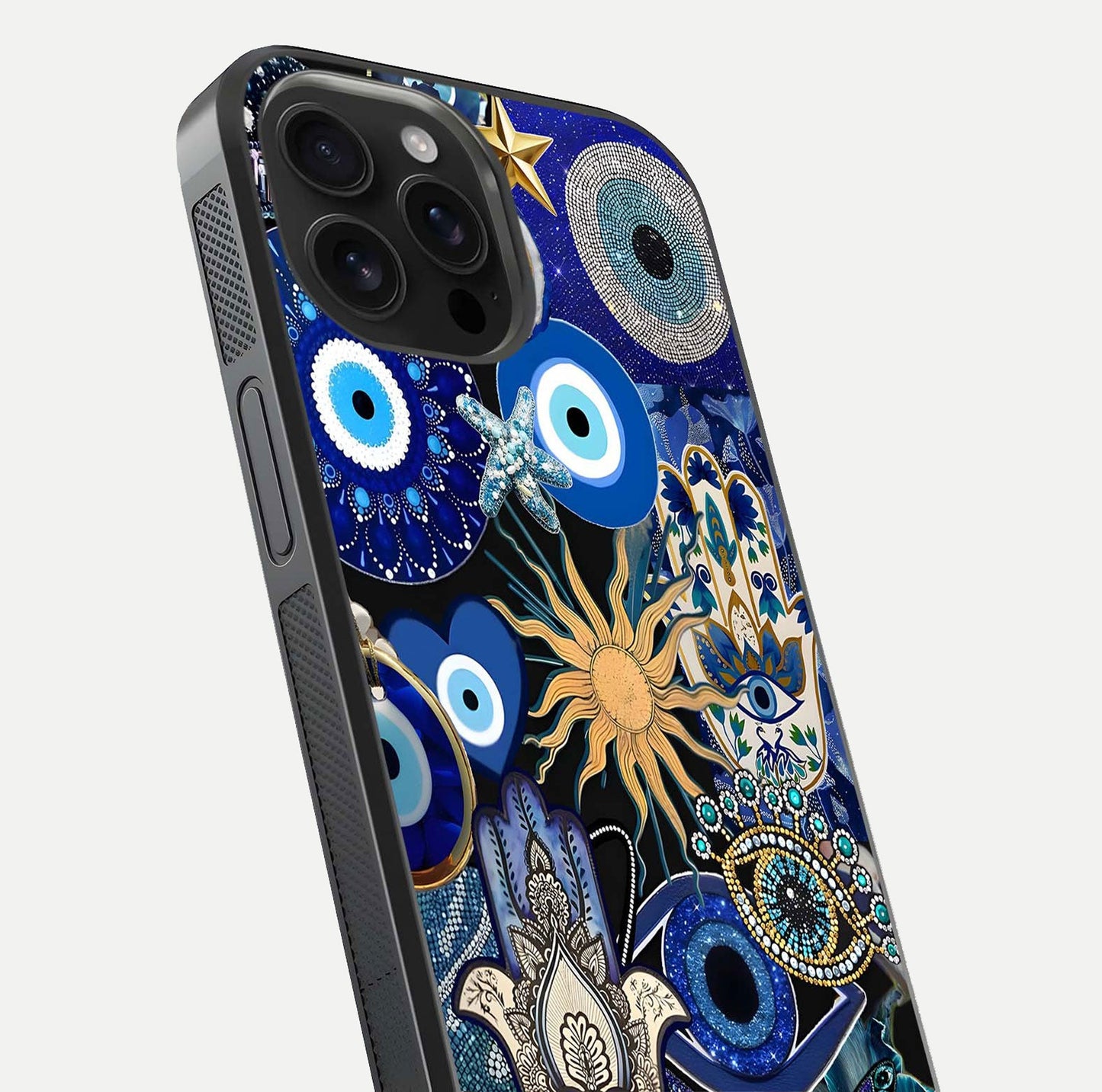 Mystic Blue Evil Eye Glass Case for iPhone 16 Pro Max close-up angled shot highlighting mystical glow and HD reflection