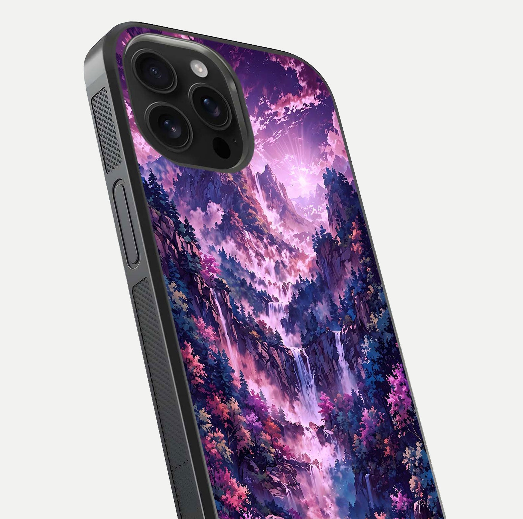 Mystic Cascade Peaks Glass Case for iPhone 16 Pro Max close-up angled shot showing peak reflections and color gradient