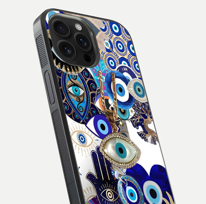 Mystic Charm Eye Glass Case for iPhone 16 Pro Max close-up angled shot showing detailed eye art and reflection