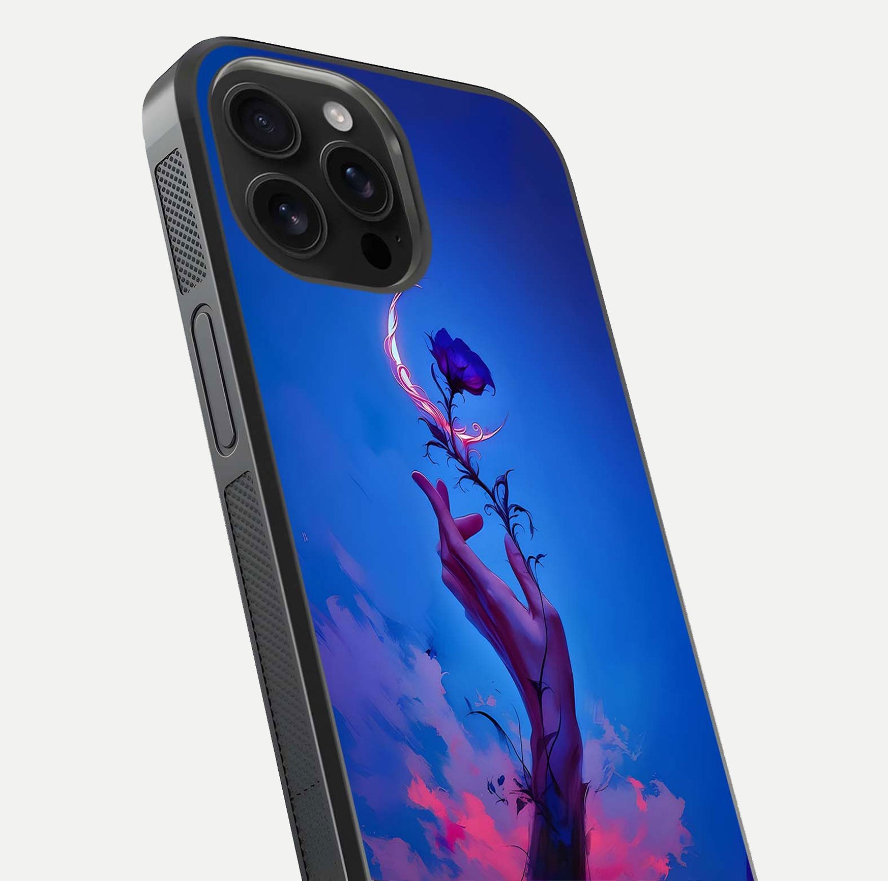 Mystic Hand Glass Case for iPhone 16 Pro Max close-up angled shot showing spiritual markings and reflection