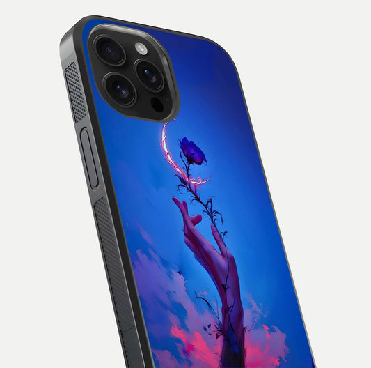 Mystic Hand Glass Case for iPhone 16 Pro Max close-up angled shot showing spiritual markings and reflection