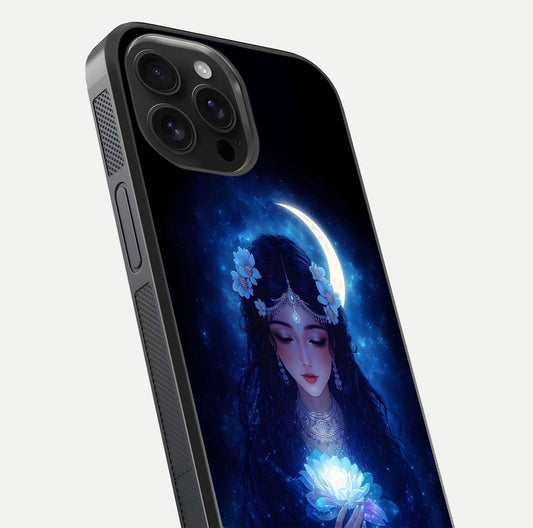 Mystic Moon Queen Glass Case for iPhone 16 Pro Max close-up angled shot showing shine and lunar tones