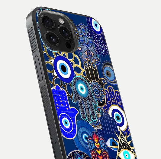 Mystic Palm Guard Glass Case for iPhone 16 Pro Max close-up angled shot showing eye symbol and fine texture