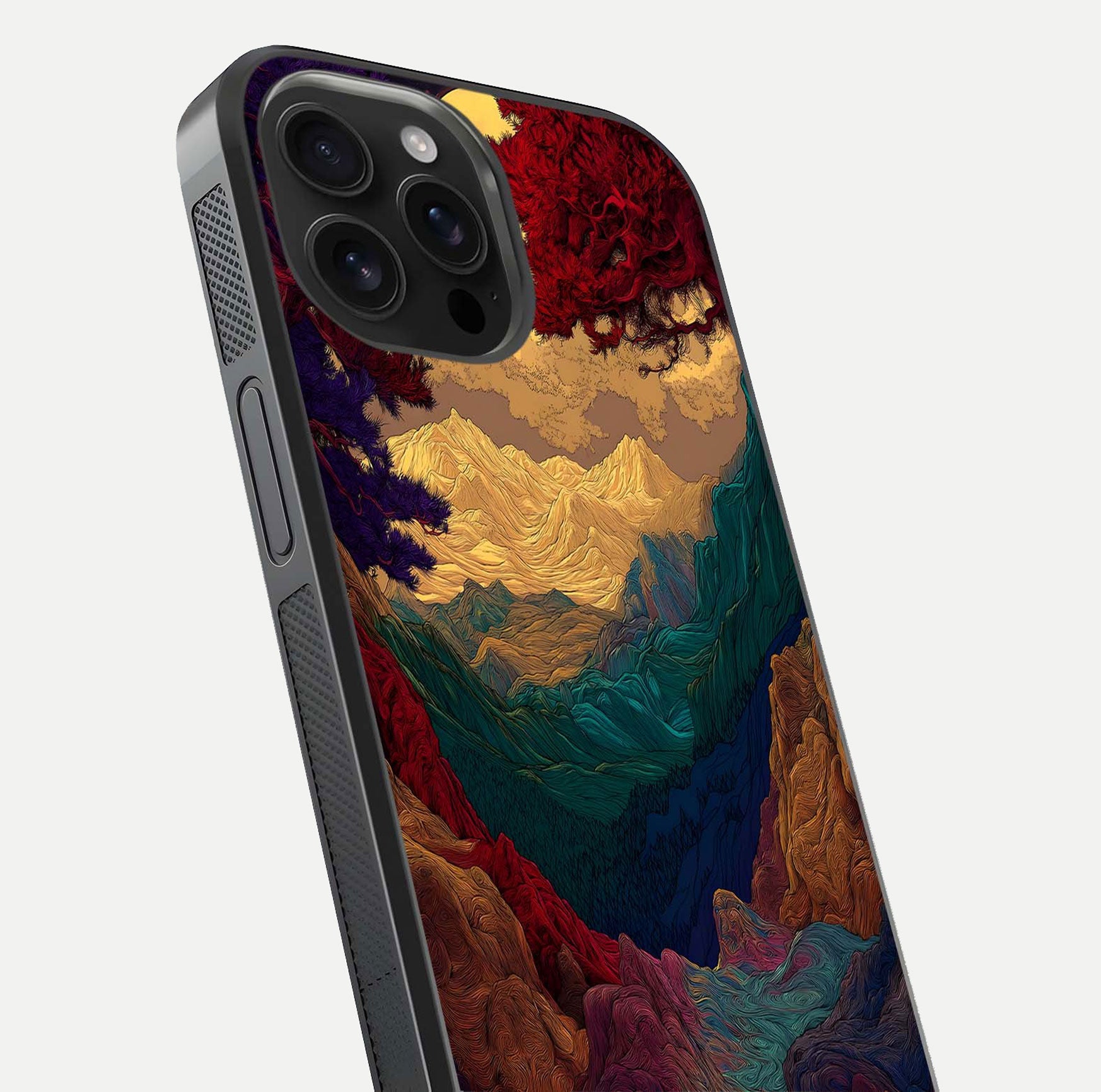 Mystic Valley Light Glass Case for iPhone 16 Pro Max close-up angled shot highlighting gradient sky and reflection