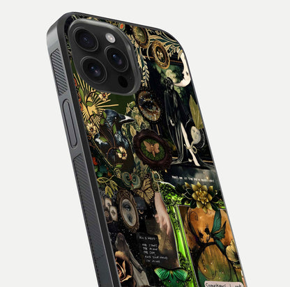 Mystic Woods Secret Glass Case for iPhone 16 Pro Max close-up angled shot highlighting tree texture and reflection