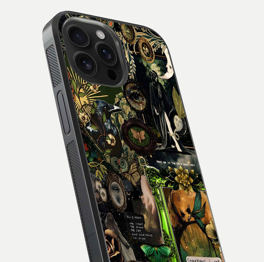 Mystic Woods Secret Glass Case for iPhone 16 Pro Max close-up angled shot highlighting tree texture and reflection