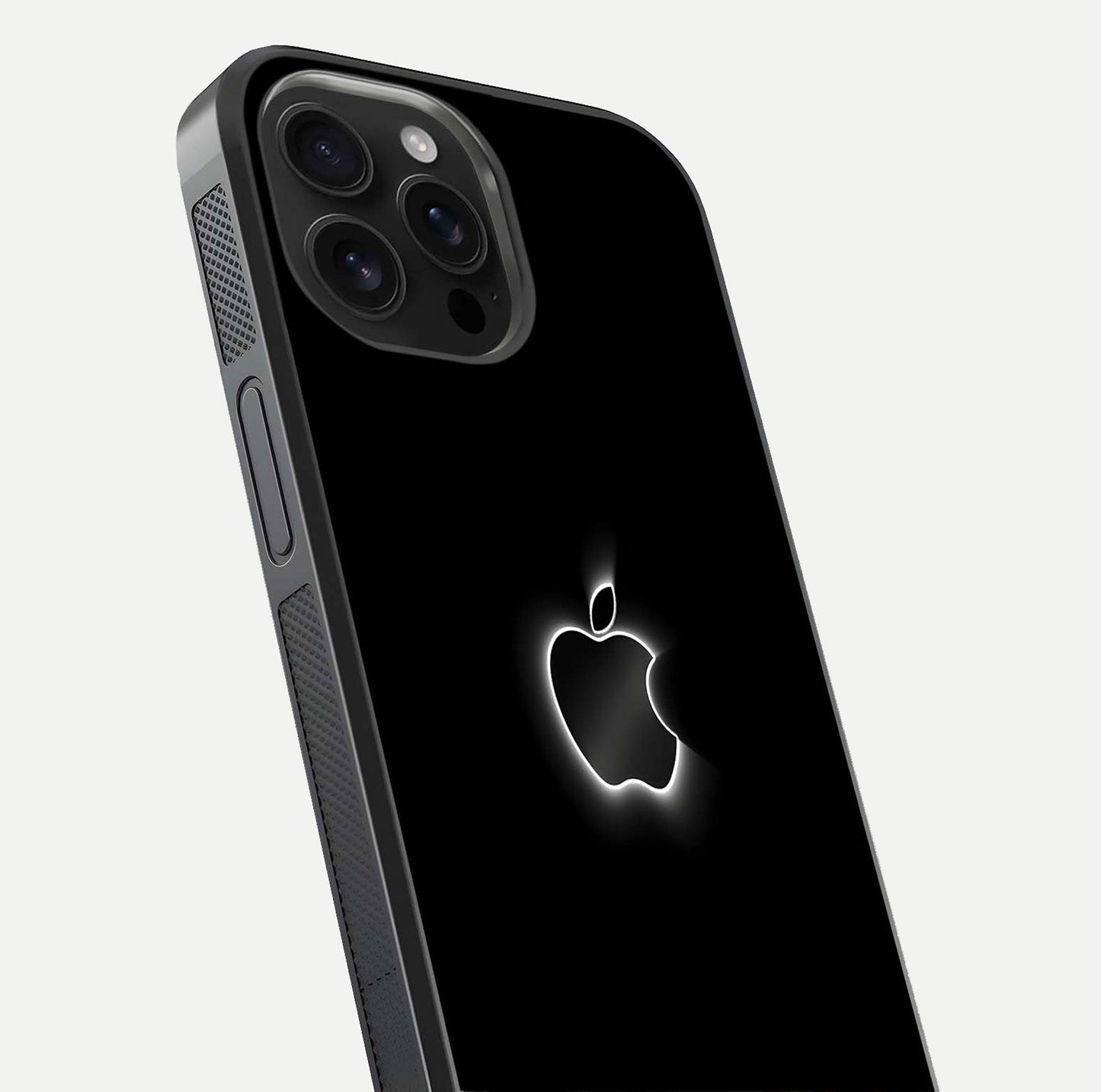 Neon Apple Glow Glass Case for iPhone 16 Pro Max close-up angled shot highlighting neon reflection and color pop