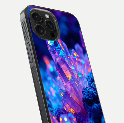 Neon Aura Shards Glass Case for iPhone 16 Pro Max close-up angled shot highlighting fragment pattern and reflection
