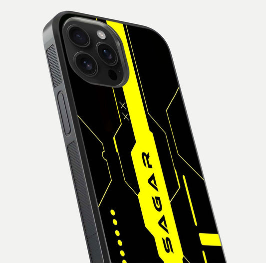 Neon CYBERPUNK Custom Name Glass Case for iPhone 16 Pro Max close-up angled shot highlighting electric colors and reflection