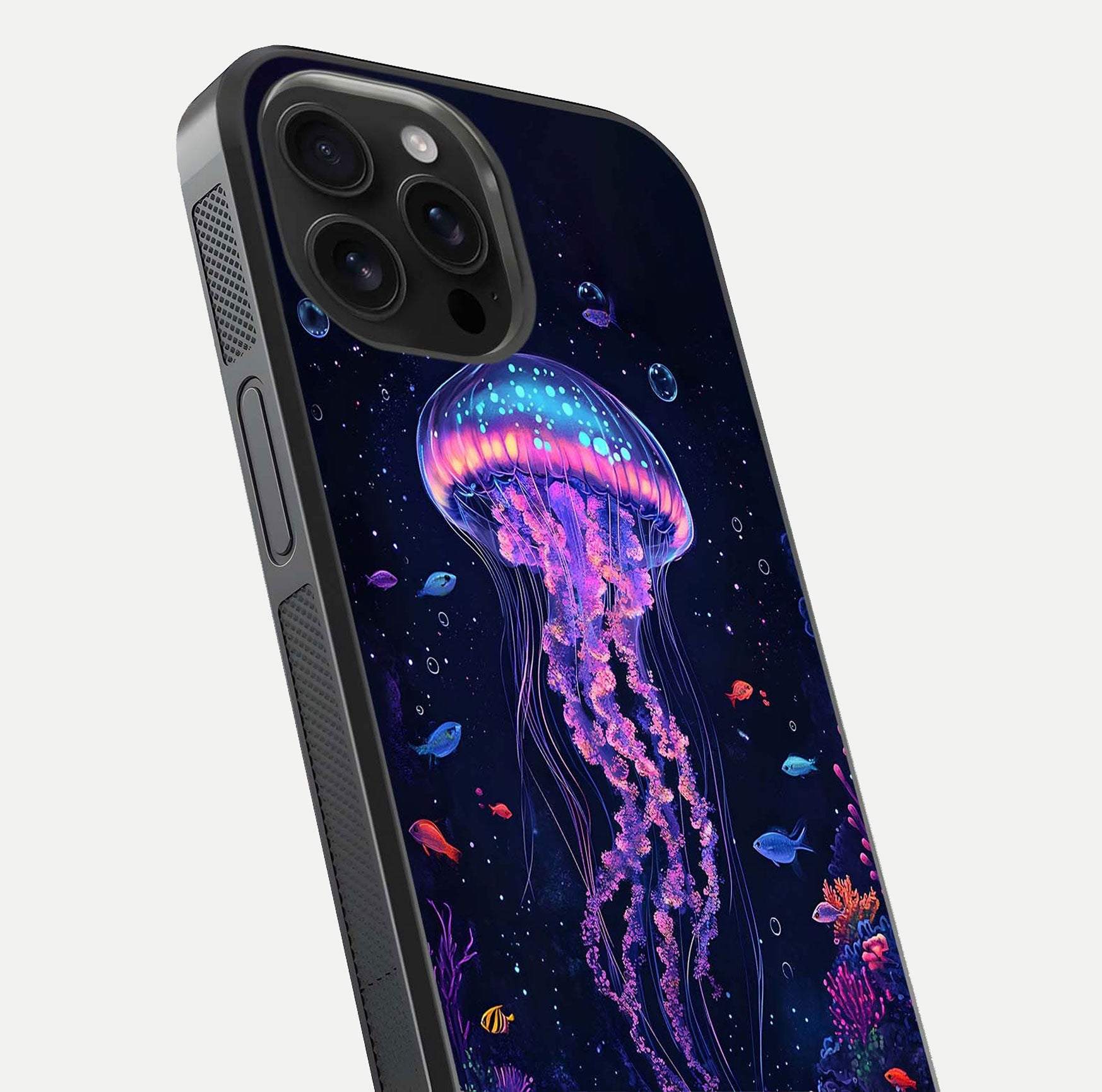 Neon Jellyfish Glass Case for iPhone 16 Pro Max close-up angled shot showing translucent jellyfish and shine reflection