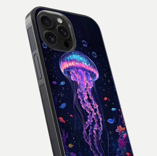 Neon Jellyfish Glass Case for iPhone 16 Pro Max close-up angled shot showing translucent jellyfish and shine reflection