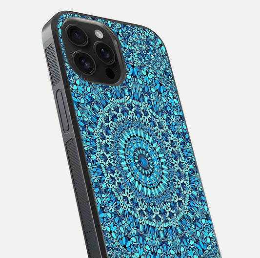 Ocean Bloom Mandala Glass Case for iPhone 16 Pro Max close-up angled shot highlighting detailed mandala and reflection