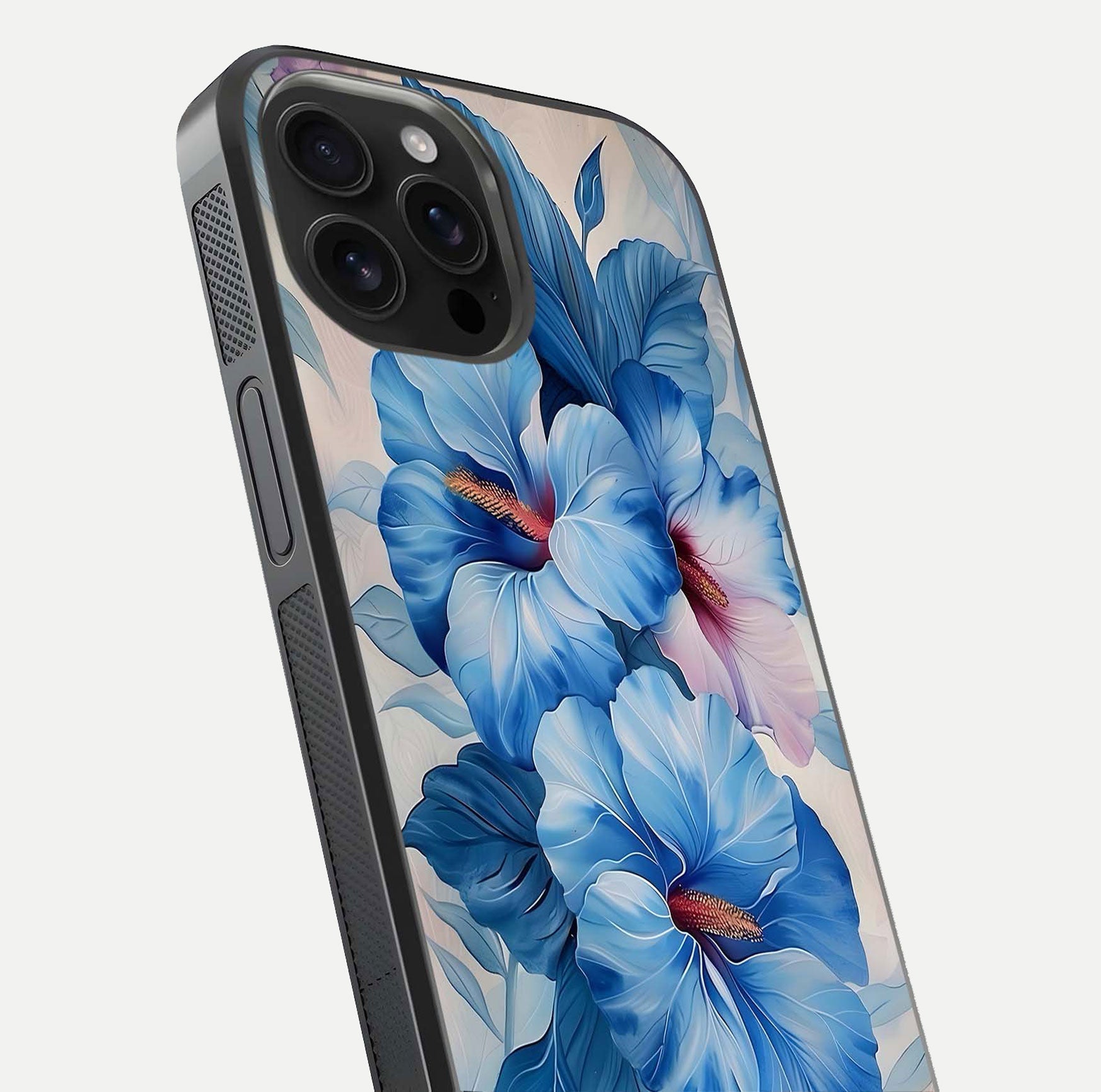 Ocean Hibiscus Grace Glass Case for iPhone 16 Pro Max close-up angled shot highlighting floral glow and HD shine